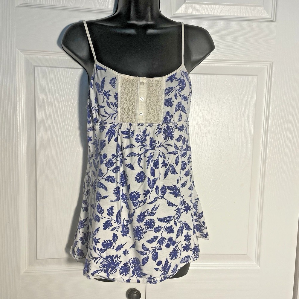 Vintage Poof Excellence Y2K Cami Women L White Blue Floral Babydoll Tank‎ Top